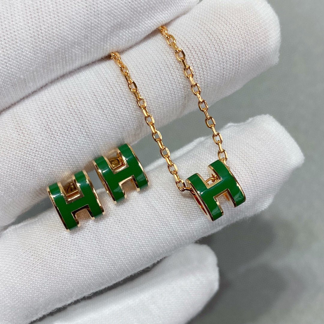 HERMES POP H GREEN NECKLACE SILVER AND GOLD