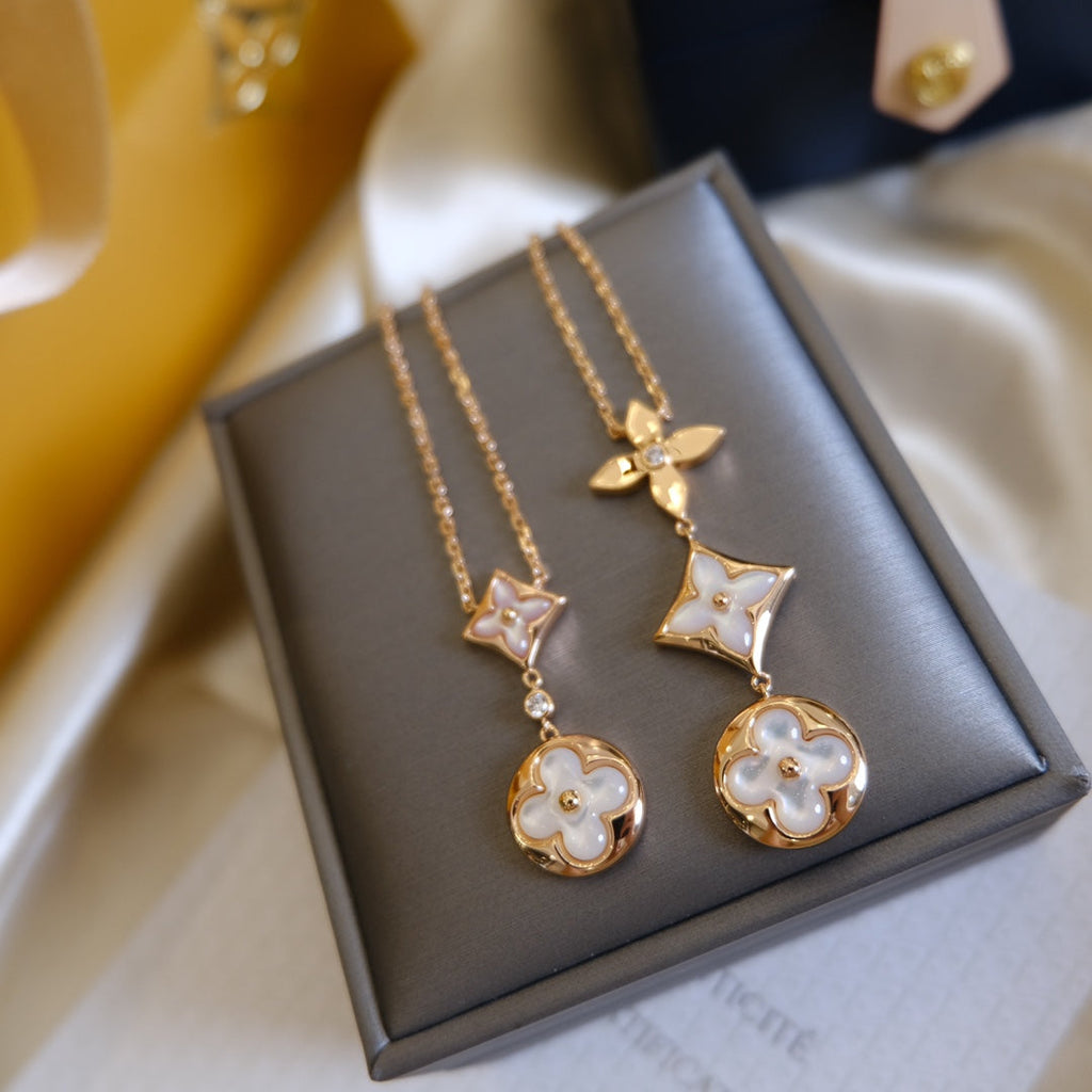 LOUIS VUITTON COLOR BLOSSOM LARIAT NECKLACE PINK GOLD WHITE MOTHER PEARL AND DIAMOND