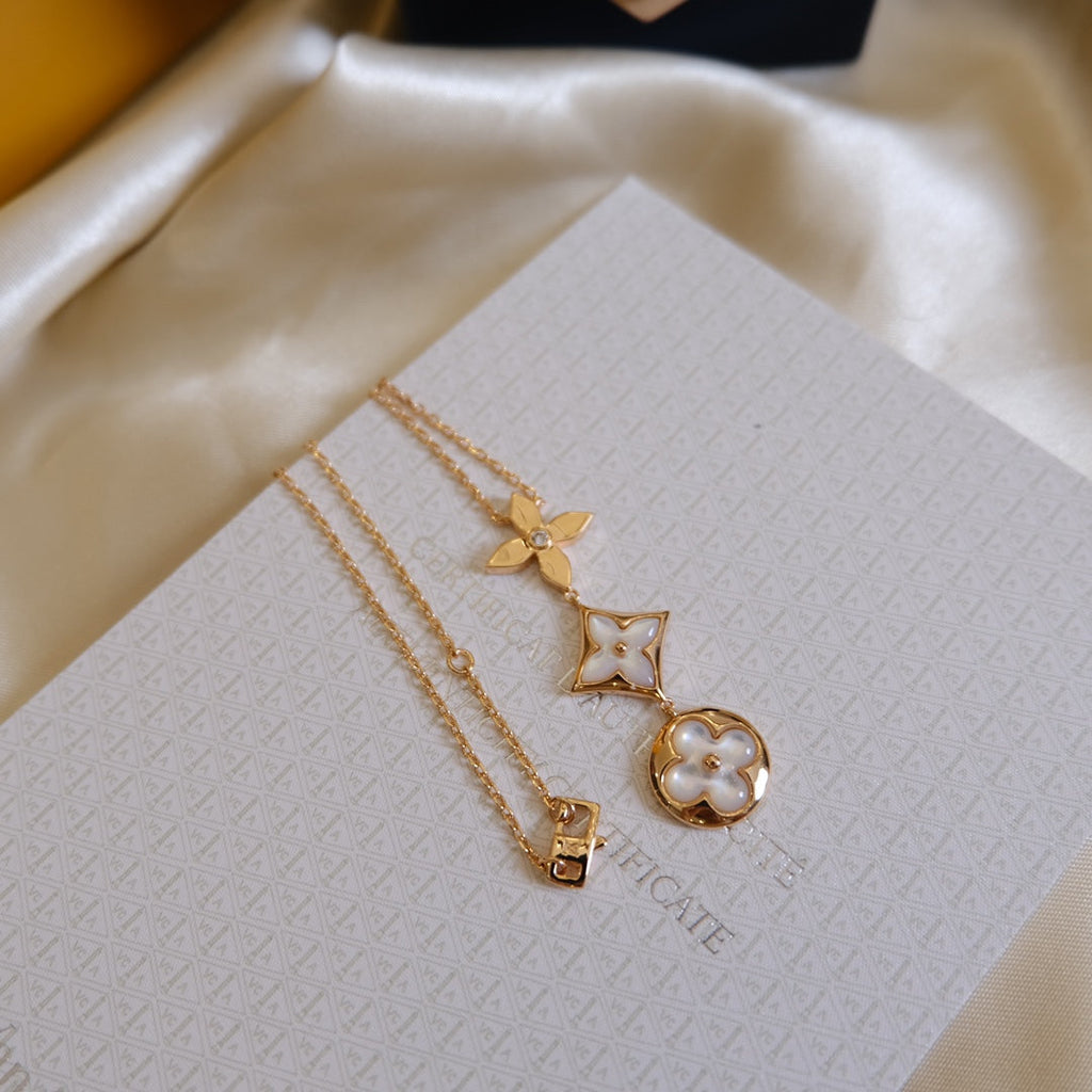 LOUIS VUITTON COLOR BLOSSOM LARIAT NECKLACE PINK GOLD WHITE MOTHER PEARL AND DIAMOND