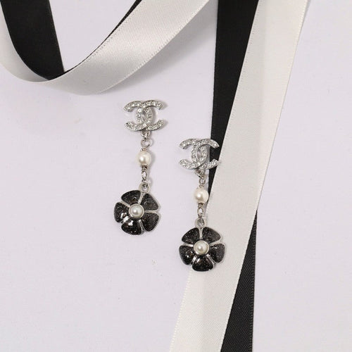 18K  Chanel Black & Pink Camellia Diamond Long Earrings