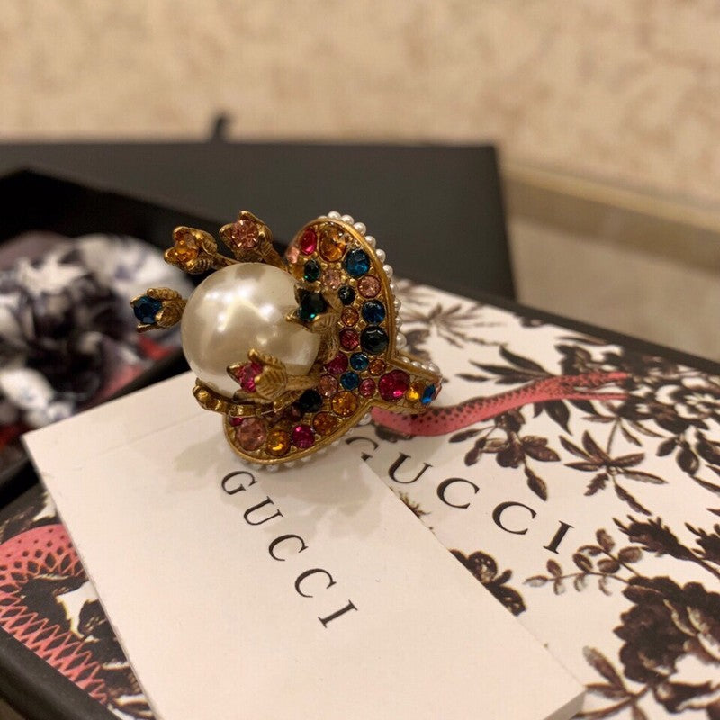 18K Double Gucci Multistone Pearl Ring
